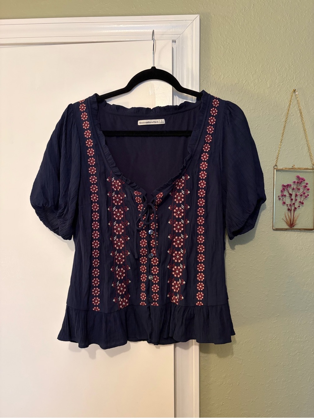 Abercrombie & Fitch Navy Embroidered Peasant Blouse